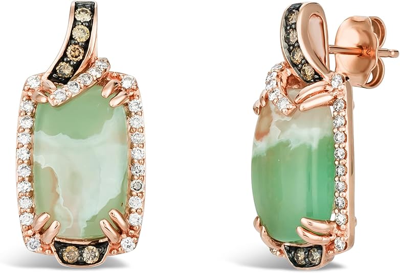 LE VIAN 1/2 Carat Chocolate Diamond and 6 3/5 Carat Cushion Cut Green Aquaprase Drop Earrings for Women in 14k Rose Gold (White/Brown, cttw) Push Back