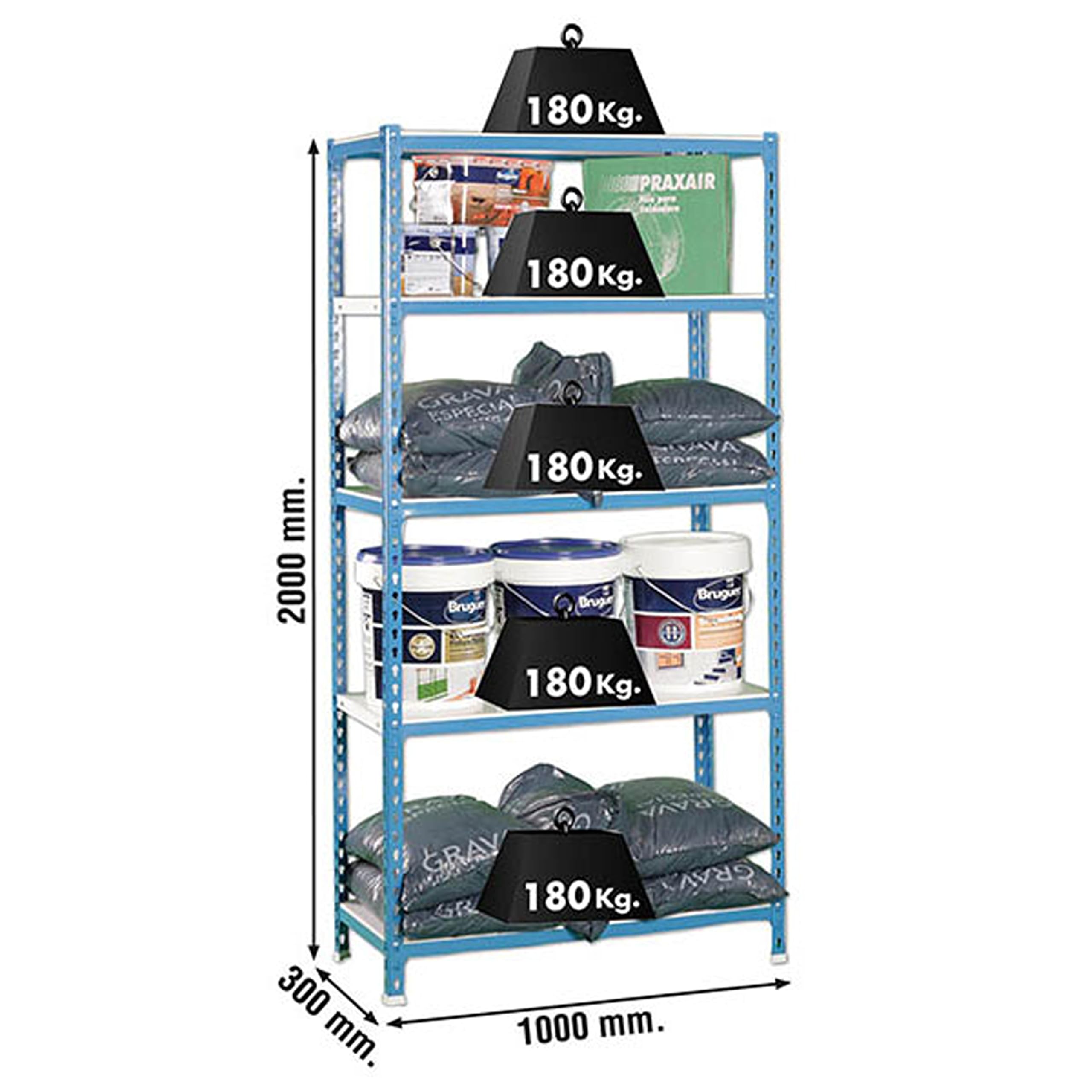 SimonRack Schwerlastregal, Lagerregal, 200x100x30 cm, Metallregal, Kellerregal, Biegestelle 180 kg, 5 Fachböden, Blau/Weiss - Simonclick