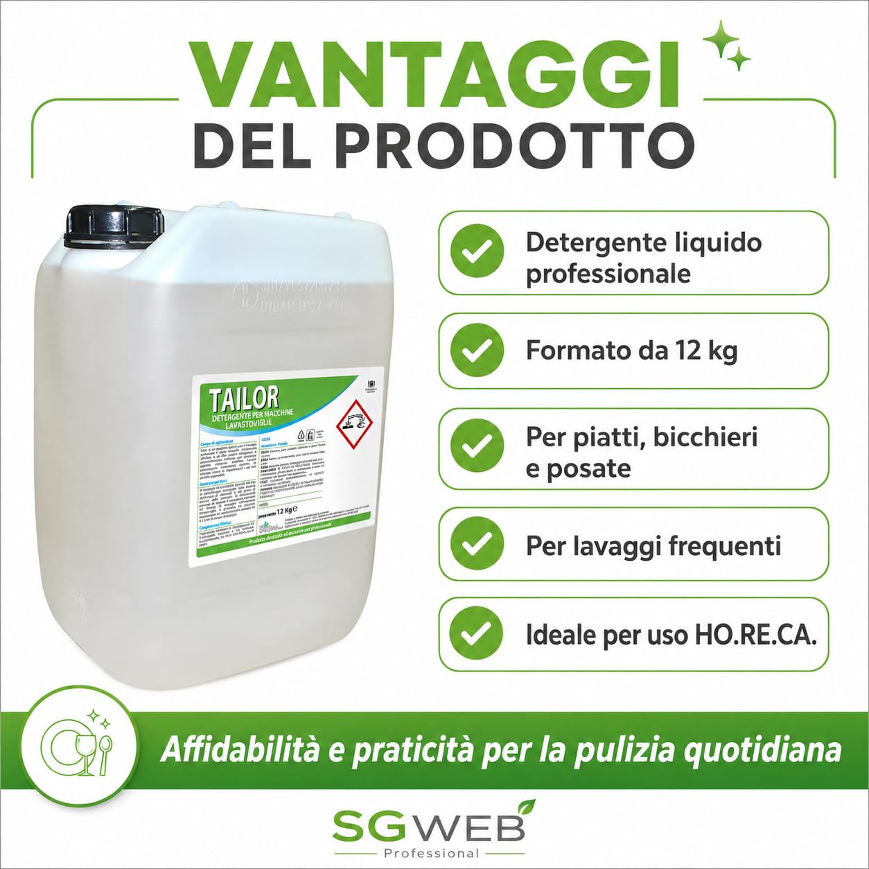 Detergente Lavastoviglie Professionale 12 kg, Detersivo Liquido per Macchine Lavastoviglie, Pulizia Stoviglie, Piatti, Bicchieri e Posate, Formato Tanica per Ristoranti e HO.RE.CA