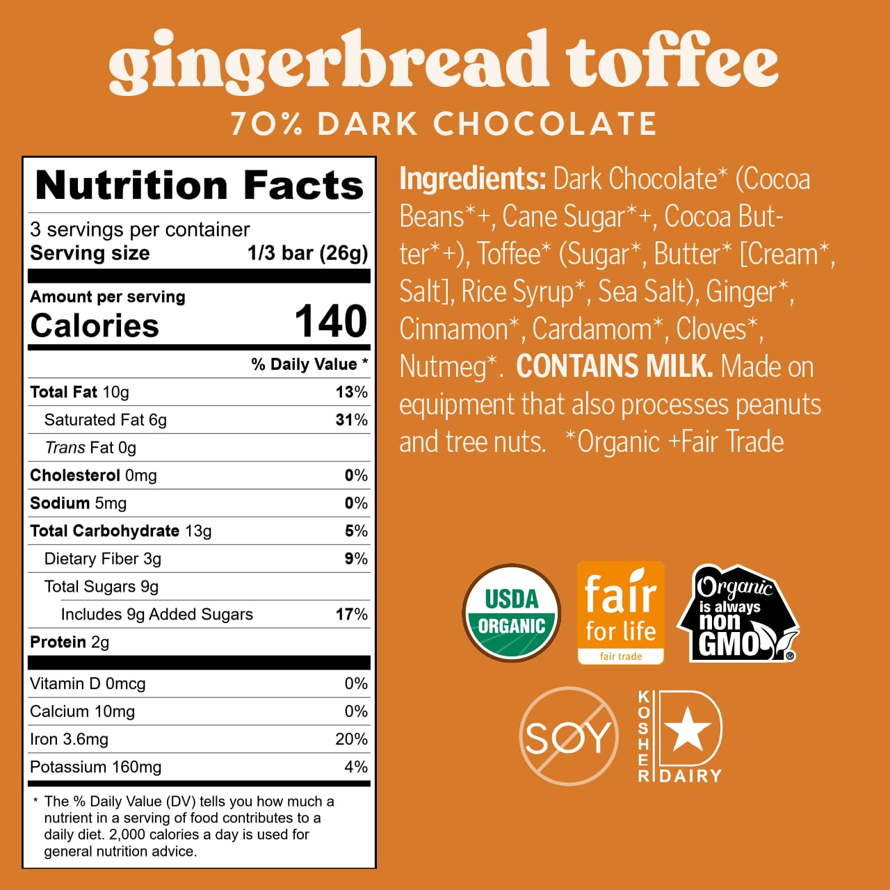 Theo Chocolate Holiday Gingerbread Toffee Organic Dark Chocolate Bar, 70% Cacao, 6 Pack | Fair Trade