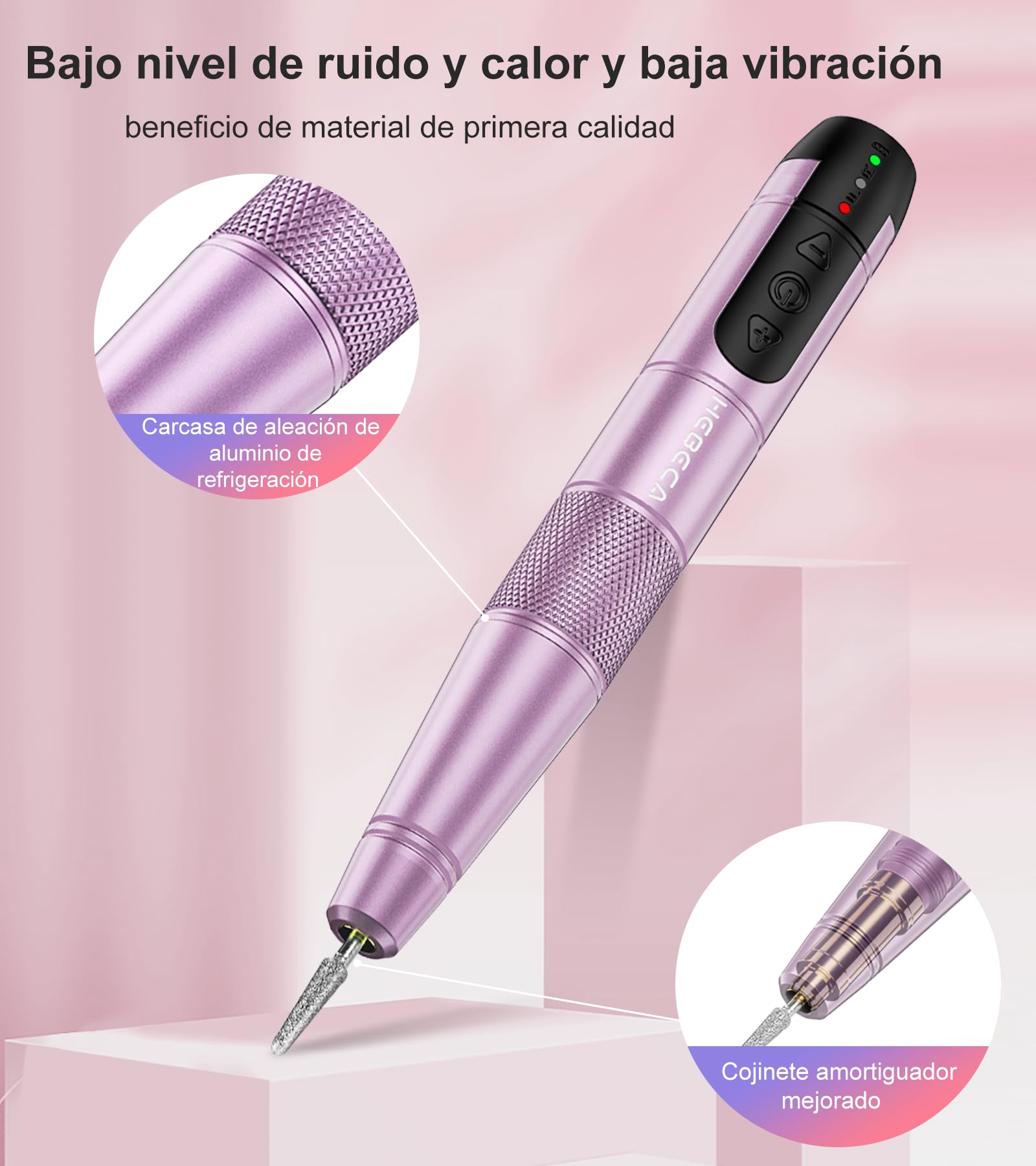 HEBECA Torno para Uñas Profesional - Lima Electrica Uñas 20000RPM - Nail Drill Machine para Uñas de Gel Acrílico Natural Recargable