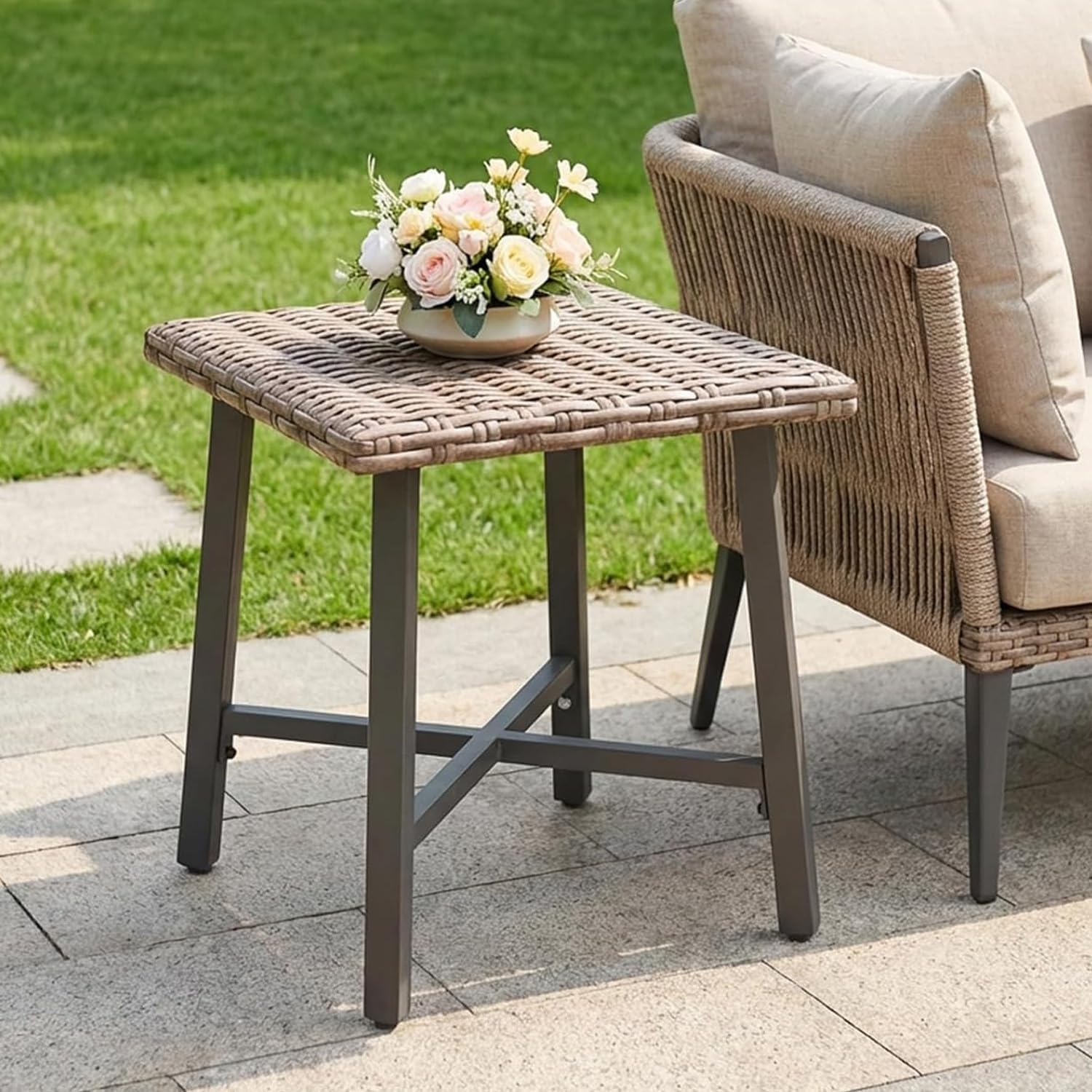 Rattan Side Table for Outdoor, Small Patio Table & Balcony End Table with Handwoven Wicker Design, Compact Square Accent Table for Porch Garden Deck