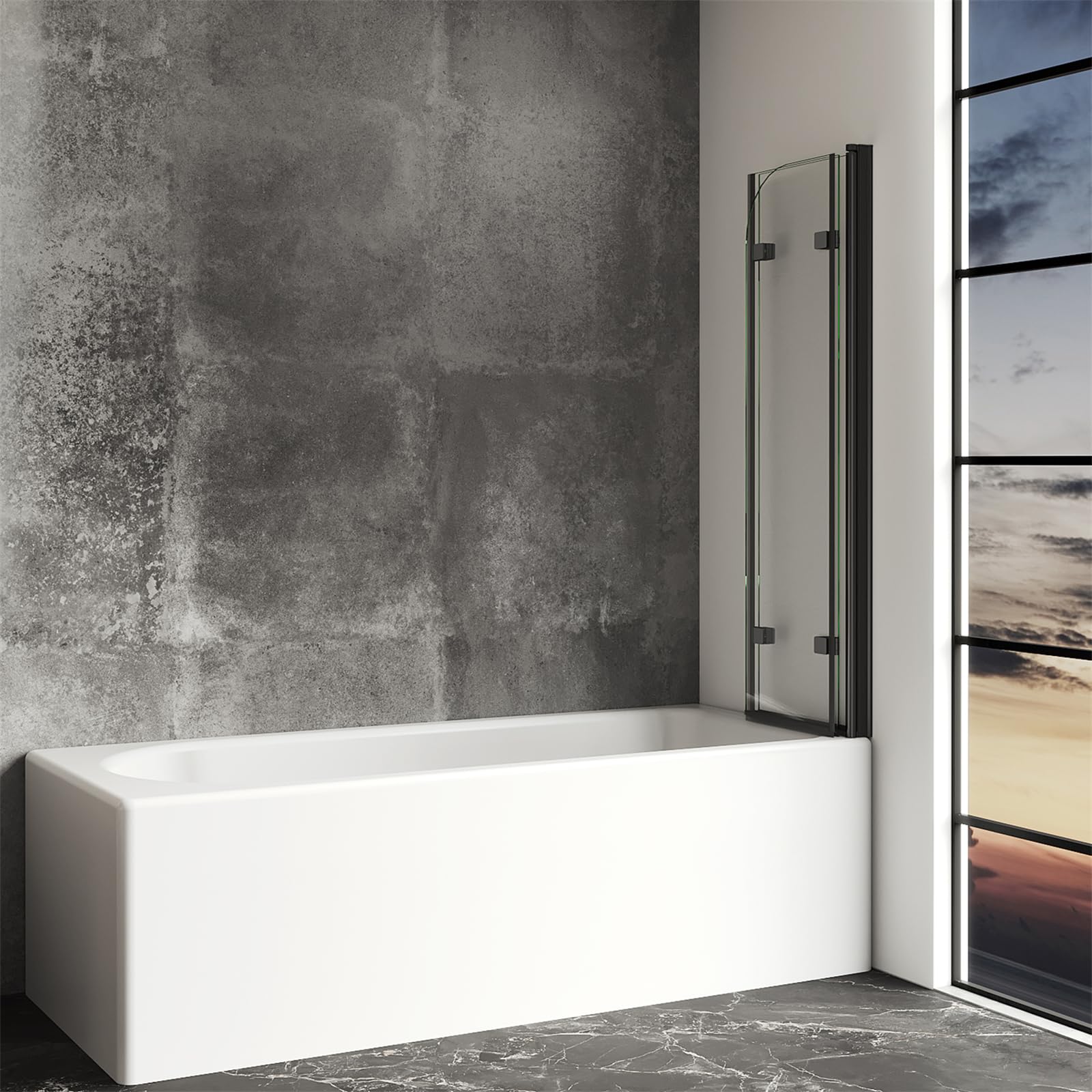 IMPTS Duschwand für Badewanne 140x140 cm Duschtrennwand Faltbare 3-teilig | 6 mm ESG Sicherheitsglas, Badewannenaufsatz 180º Faltbar, Rahmenloses Design, Transparentes Glas Schwarz