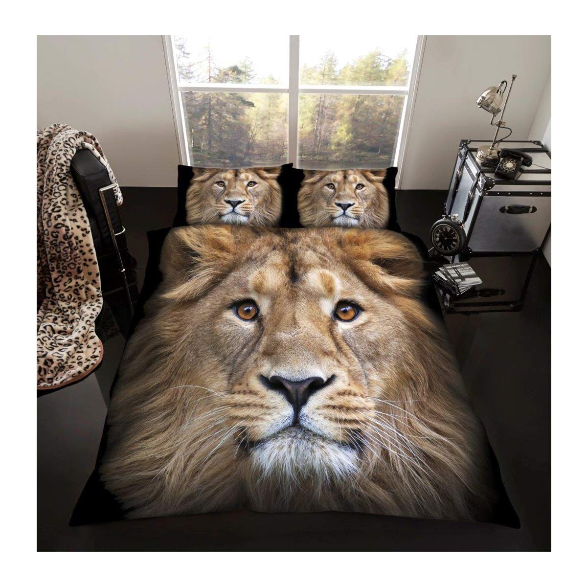 Lions Animal Print Bedding Set, Luxury 3D Printed Microfibre Duvet Cover Sets with Pillowcase, 100% Polyester Reversible Quilt Covers, Lion, King Size, 230x220cm