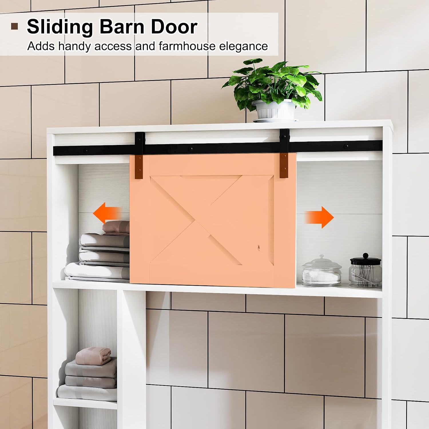 Over the Toilet Storage Cabinet, Freestanding Bathroom Organizer with Sliding Barn Door & Open Shelves, Farmhouse Bathroom Space Saver for Bathroom, Laundry Room, Balcony (White)