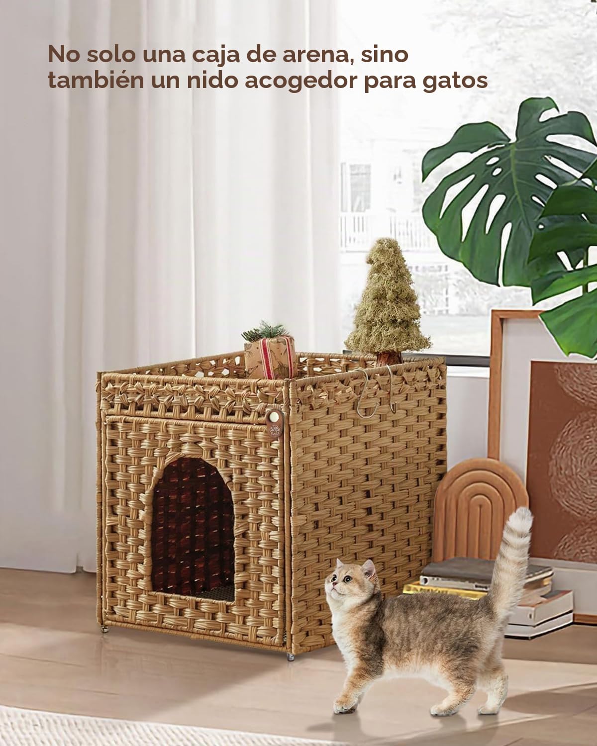 Mueble arenero Gatos Casa para Gatos, ratán Trenzada a Mano con Alfombra, 52 x 47 x 48,5 cm, Color Natural