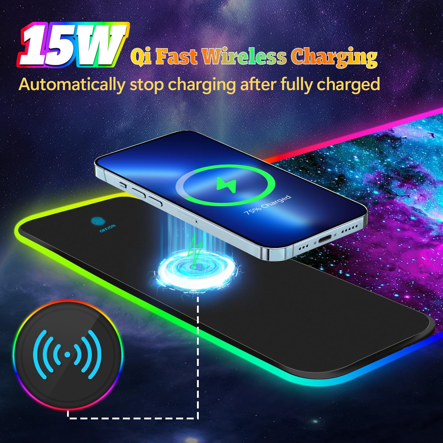 YQE Tappetino per mouse da gioco con ricarica wireless: tappetino da gioco RGB da 15 W per tastiera e mouse, grande tappetino LED con luce a 10 colori, base in gomma antiscivolo per giochi, PC, laptop