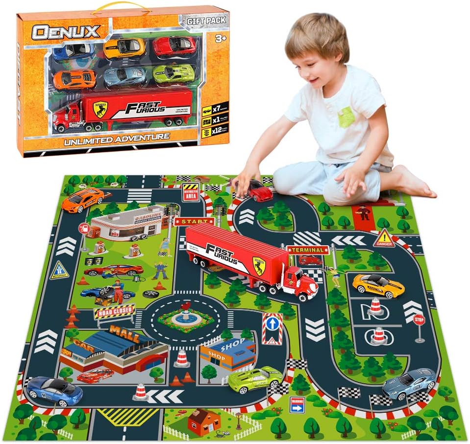 OENUX Diecast Racing Cars Toys Set with Play Mat,Carrier Truck,6 PCS Little Alloy Metal Race Model Car Toys & Road Signs,Birthday Gift Educational Vehicles Playset for Kids Toddlers Boys Girls
