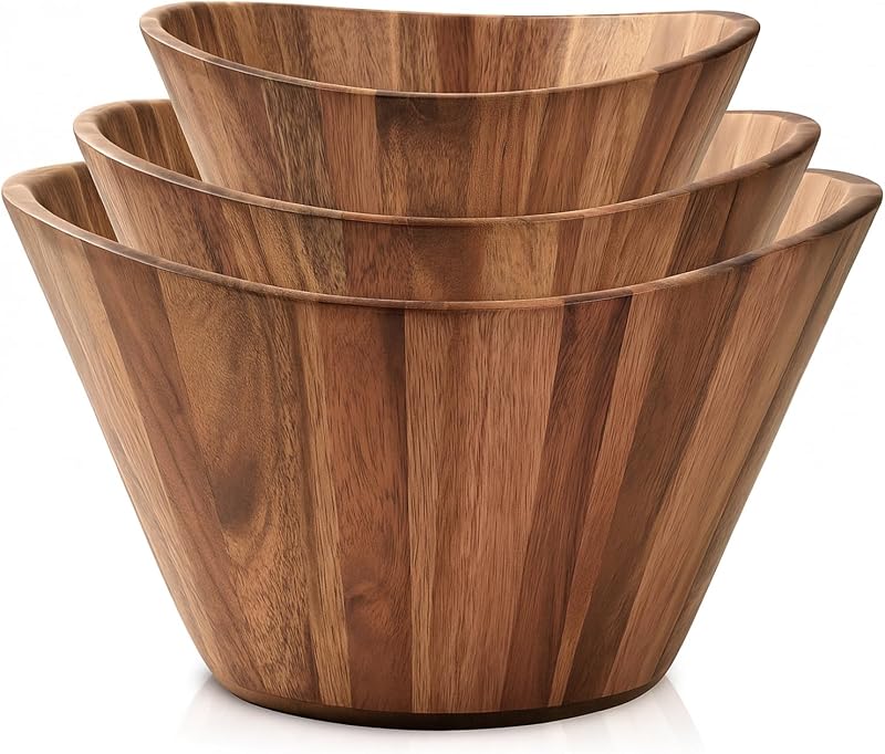 Juego de 3 ensaladeras de madera, cuencos ondulados de madera para servir y mezclar de 12", 10" y 8" | Hechos a mano y duraderos con una elegante veta natural; encajan en tamaños grandes, medianos y pequeños; ideal para comida, frutas y regalos