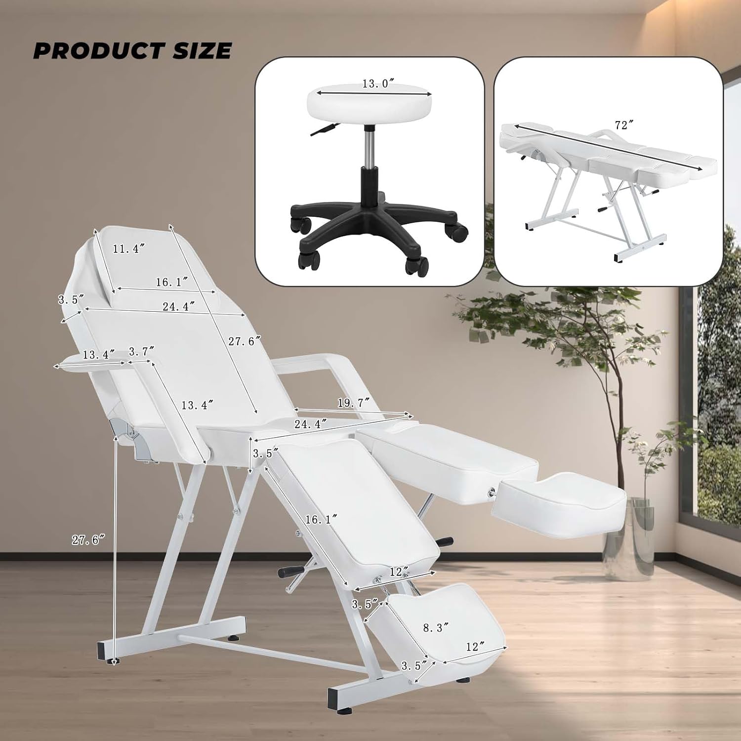 Facial Chair Esthetician Table with 2 Adjustable Split Legs Multi-Purpose Facial Bed Tattoo Chair with Removable Headrest Multipurpose Equipment for Salon Beauty - White