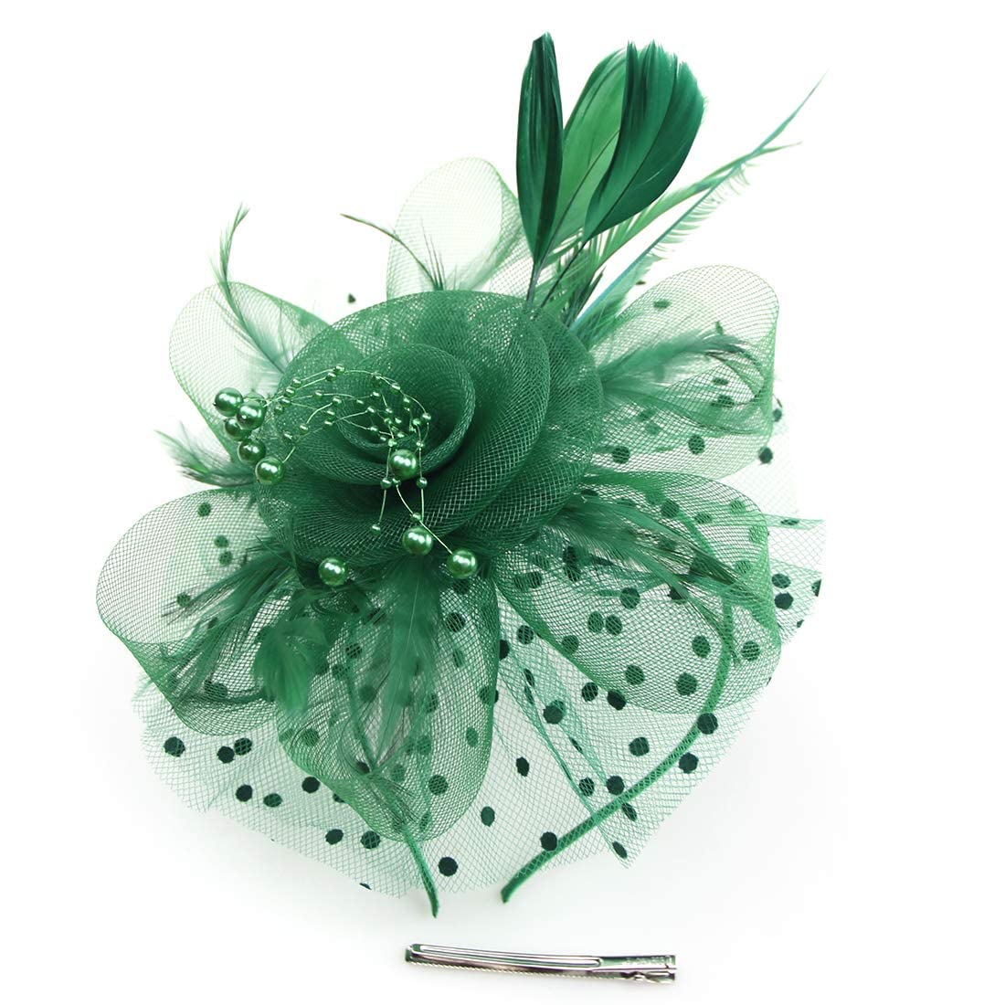 Topoq Women's Dark Green Green Fascinators For Wedding Fascinators Tea Party Hat Flapper Pillbox Hats Ascot Race Hats Feather Flower Fascinator Beaded With Headband Hairclips Dotted Mesh Hat Headdress Headpieces