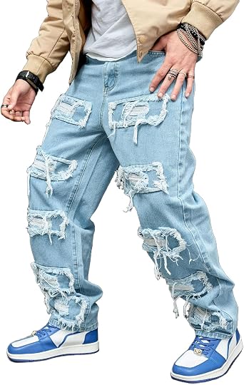 HBER Baggy Stacked Jeans Men Teen Boys Y2k Mid Rise Distressed Ripped Jeans Straight Leg Hip Hop Denim Pants Streetwear