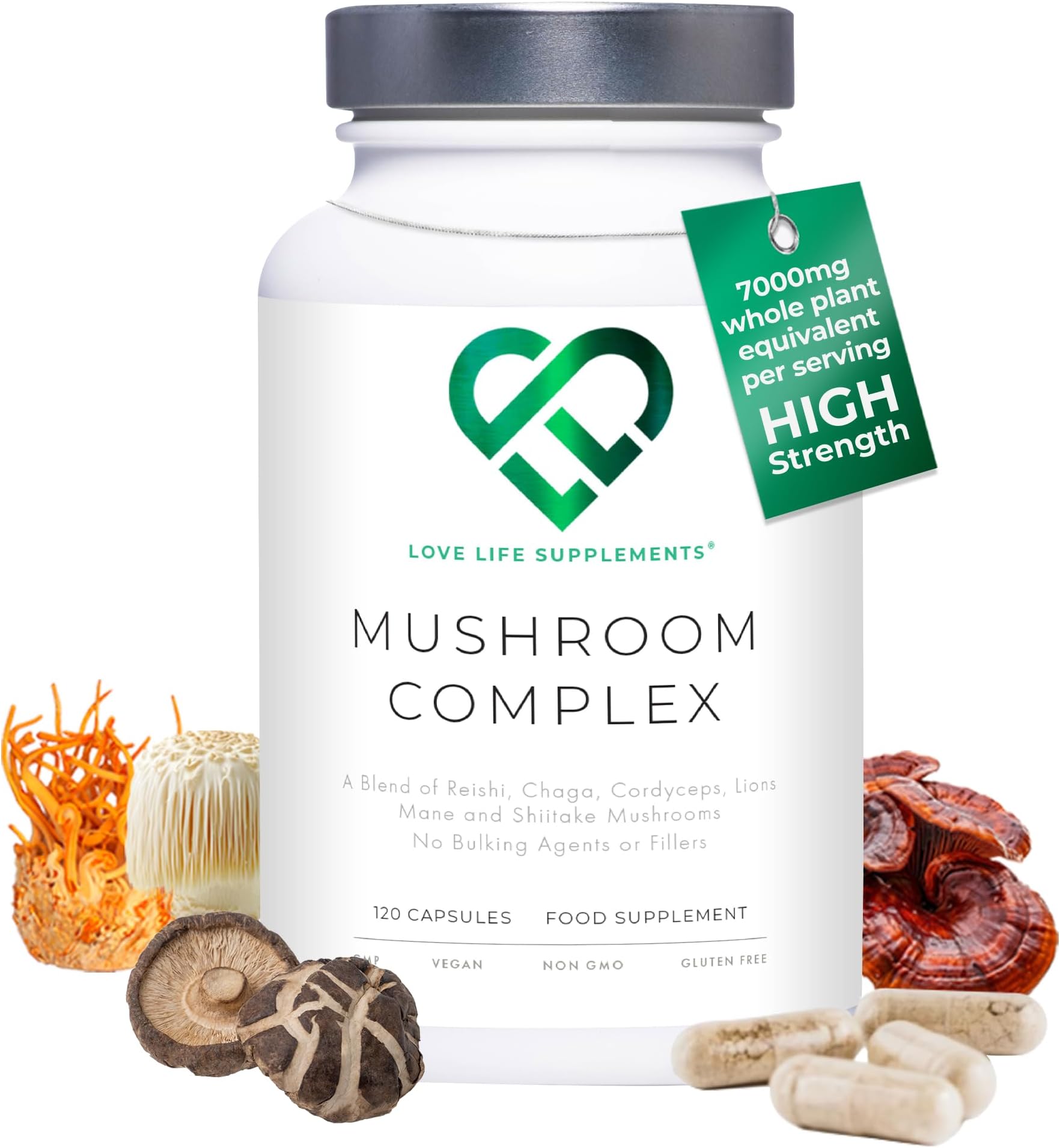 Mushroom Complex by LLS | Contains 1000mg Reishi, Chaga, Cordyceps, Lions Mane and Shiitake Mushrooms | 120 Capsules - 2 Month Supply | No Fillers | Vegan | Love Life Supplements