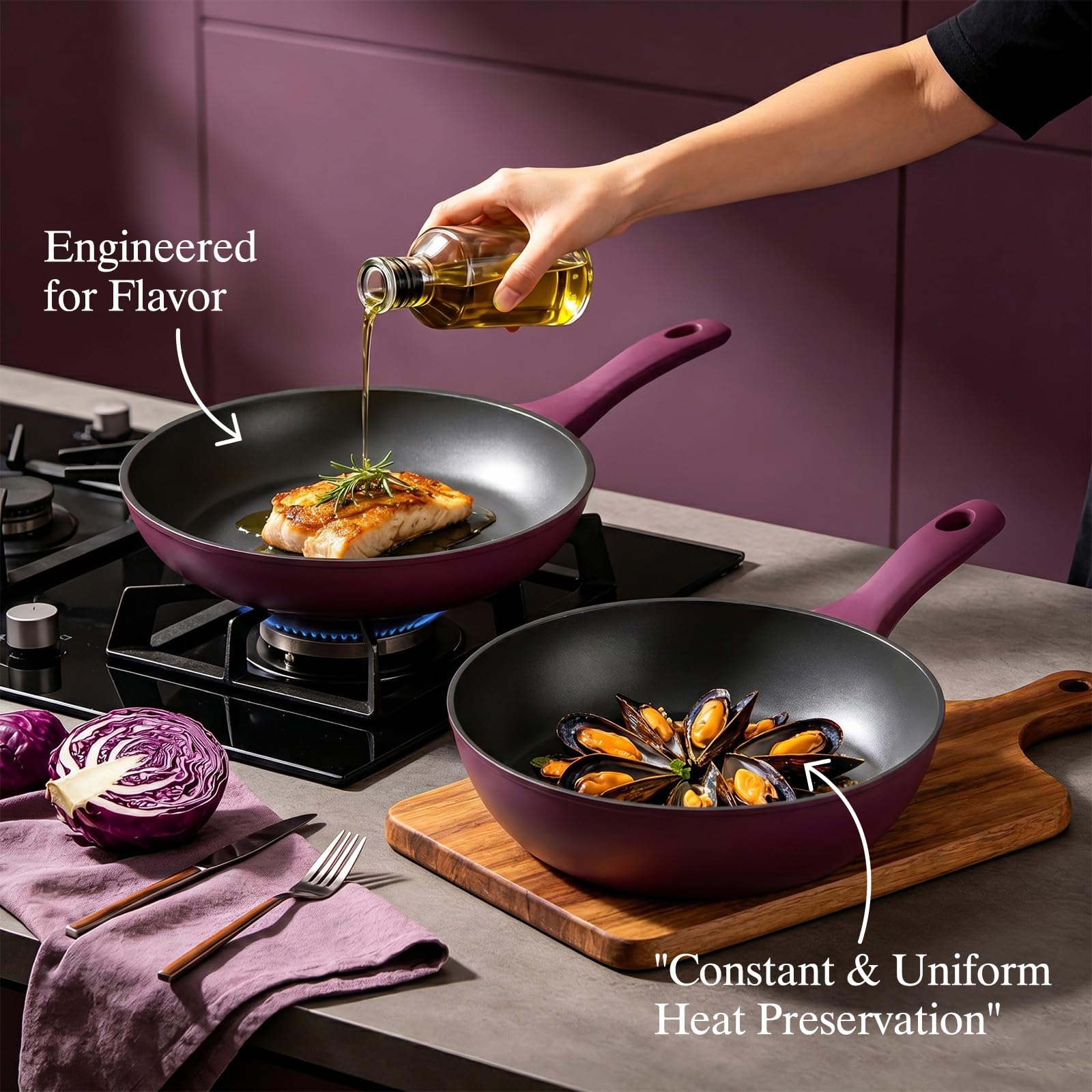 Pots and Pans Set Nonstick, Umite Chef 31-Piece Induction Cookware & Bakeware Set with Frying Pans, Saucepans, Casserole, Steamer, Baking Set & Utensils, PFAS-Free Kitchen Starter Set (Purple) view 3
