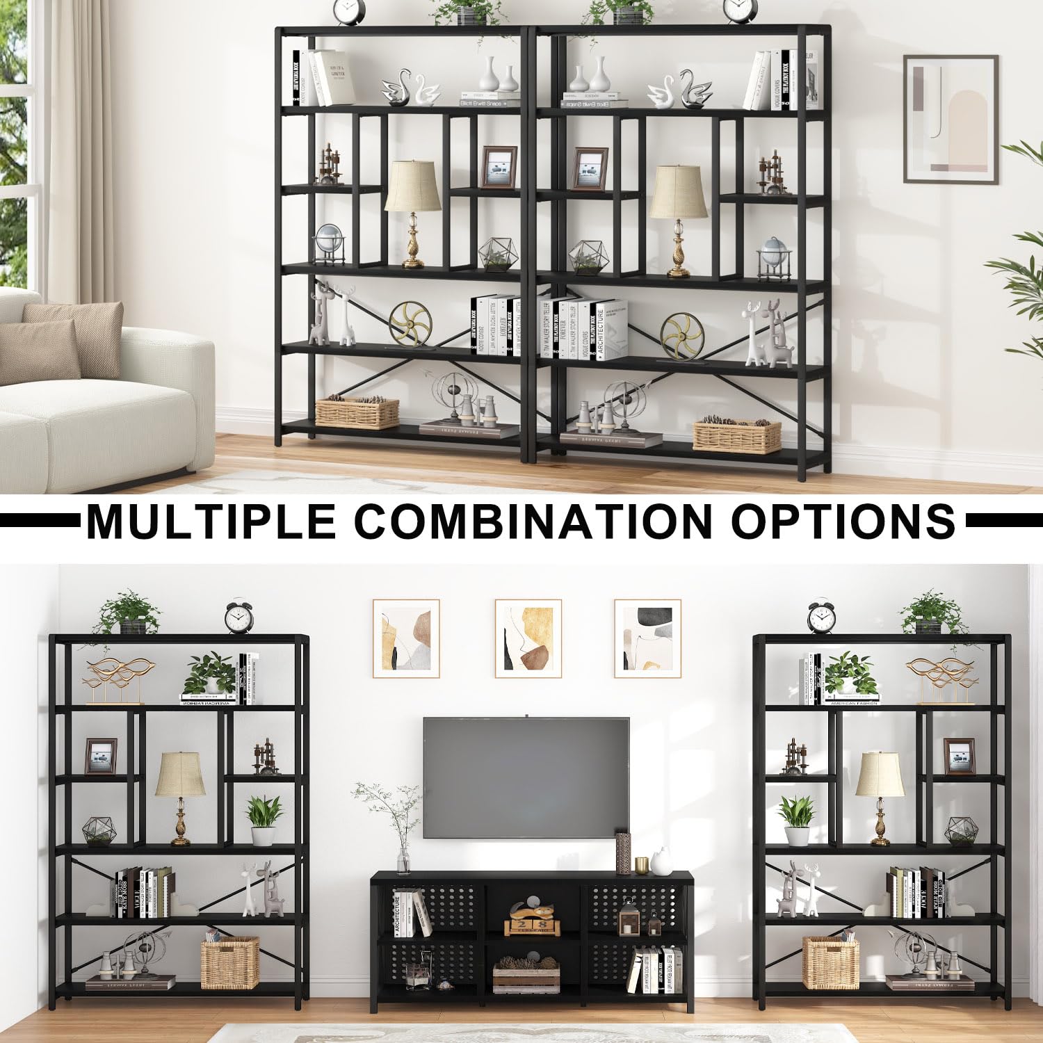 LVB Bücherregale mit 6 Ebenen Regale Wohnzimmer Standregal Industrie Bücherregale für Wohnzimmer Arbeitszimmer Küche 120 x 30 x 180 cm Regal Vintagebraun Schwar