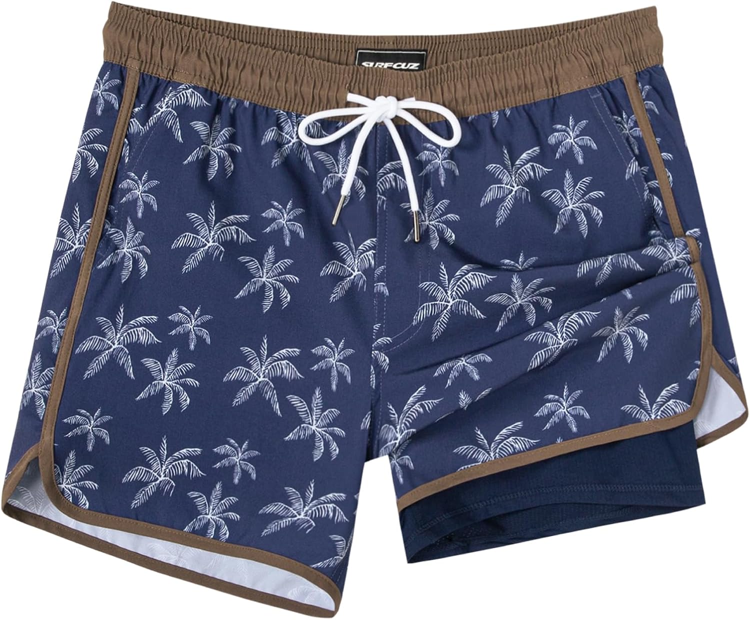 SURF CUZ Mens Swim Trunks with Compression Liner 5" Swimming Trunks 5 Inch Retro Swim Shorts with Zipper Pockets