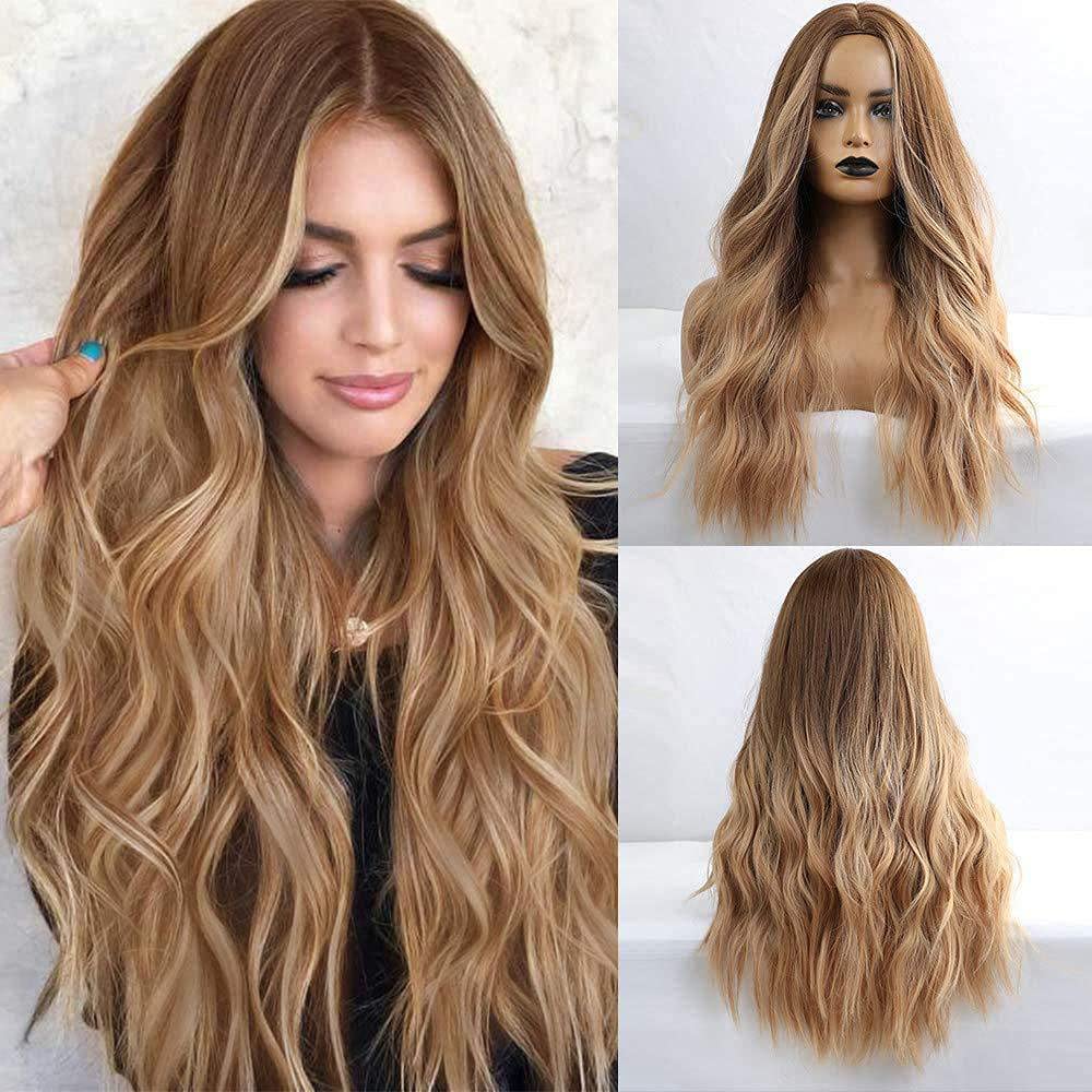 Perruque longue ondulée blonde frange femme cheveux synthétiques 24 pouces ombre blond naturel