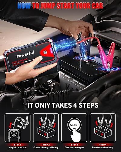 Miniatura 5 de Paquete de energía de arranque de batería de automóvil, 2500 A pico de arranque de coche de 12 V, caja de salto portátil con 3 modos de linterna y