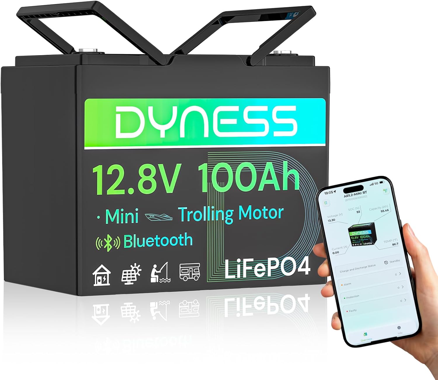 Batería de litio LiFePO4 de 12 V 100 Ah con Bluetooth, grupo 24, energía máxima de 1280 Wh, BMS integrado de 100 A con protección a baja