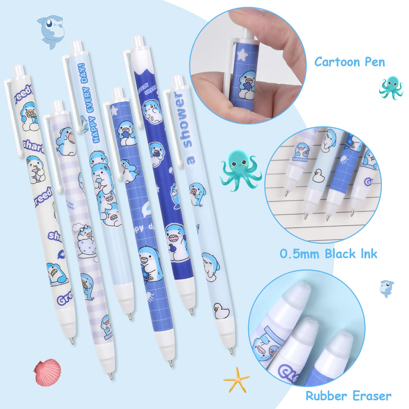 Vicloon 0.5 mm Erasable Gel Pens Extendable Rollerball Pen with Refills, Suitable for Children and Adults, Sketching, Drawing, School and Office, Pack of 6 (Blue