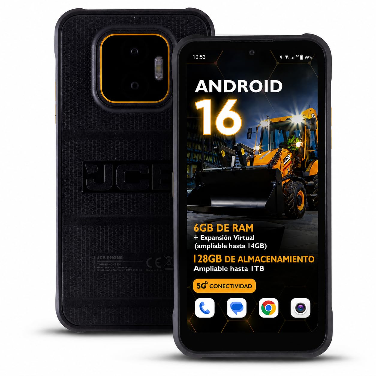 JCB Toughphone E50 Teléfono Rugerizado 5G Android 16 | Smartphone Resistente al Agua y Golpes IP68/IP69K, 6GB RAM 128GB, Cámara 50MP, NFC, Batería 5000mAh, Carga Rápida e Inalámbrica, Dual SIM + eSIM