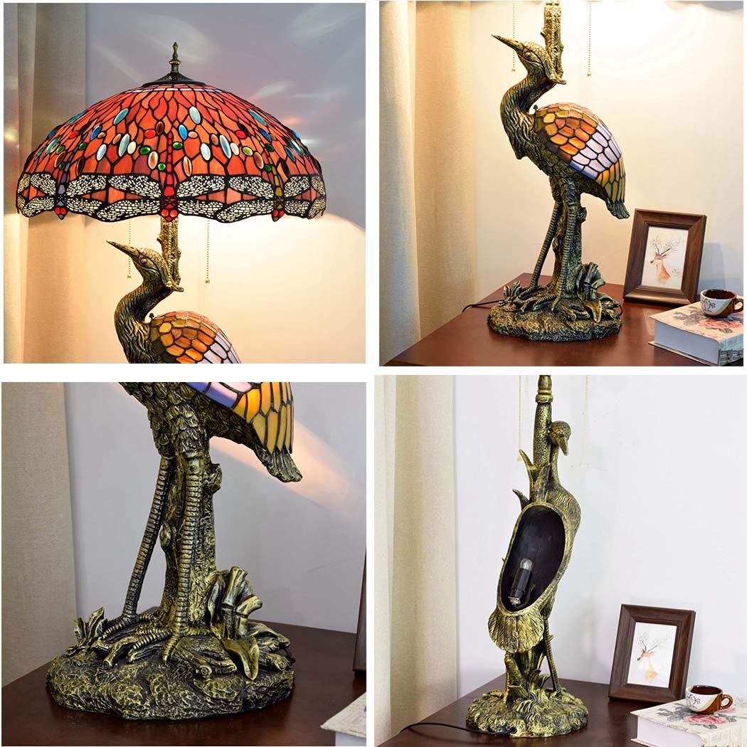 Tiffany Style Tischleuchte Schreibtisch neben Lampen 20 Zoll Libelle Glasmalerei Schatten 3 Licht Crane Resin Base für Wohnzimmer Schlafzimmer Tischbeleuchtung,220 V, E27 * 3,40 W (50 × 85 cm),A