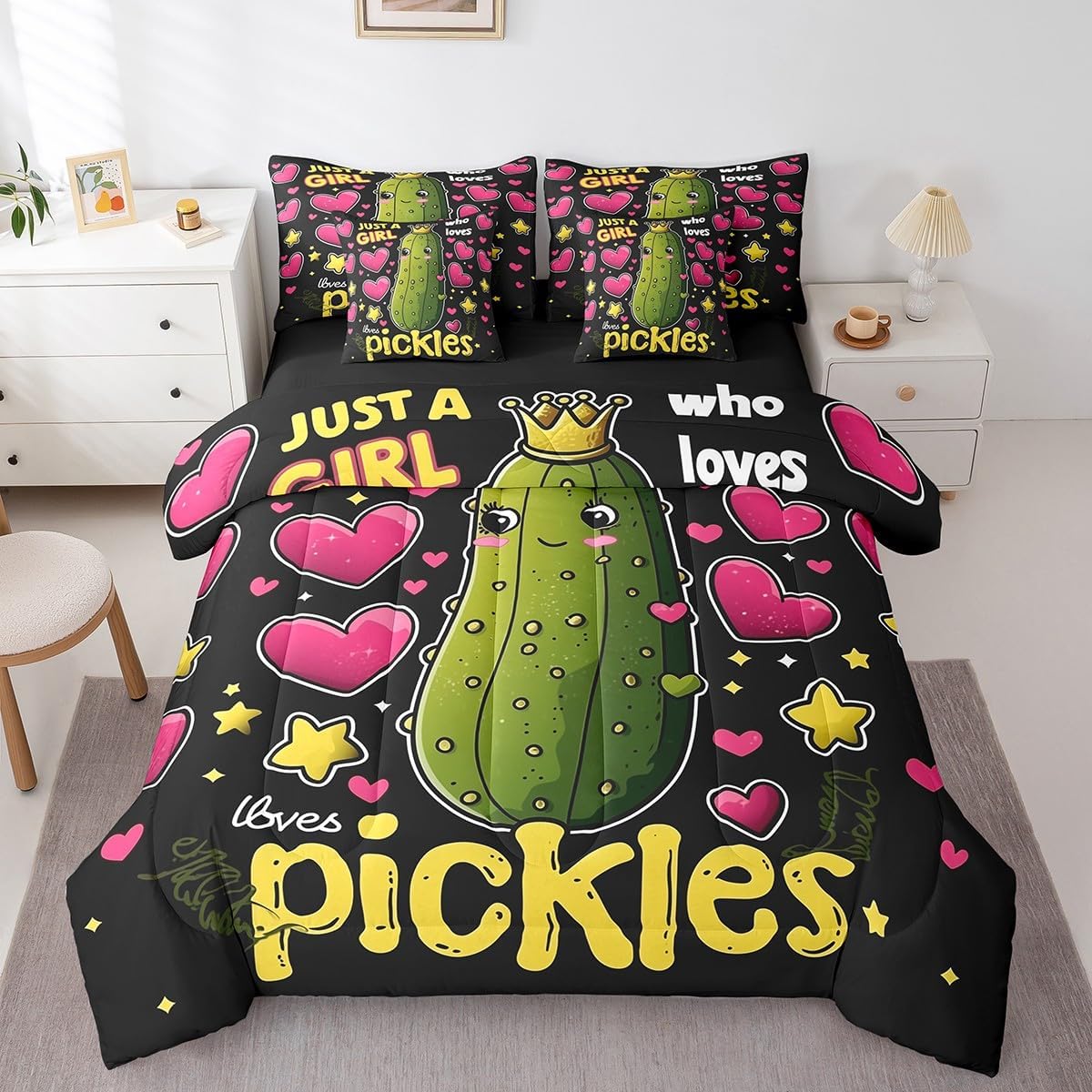 Erosebridal Pickle Bed in a Bag Queen Size 7 Piece,Cartoon Vegetable Printed Bedding Sets Cute Cucumber Pattern Comforter Set with Sheets for Pickle Lovers Bed Set Cute Pickle Print Sheets