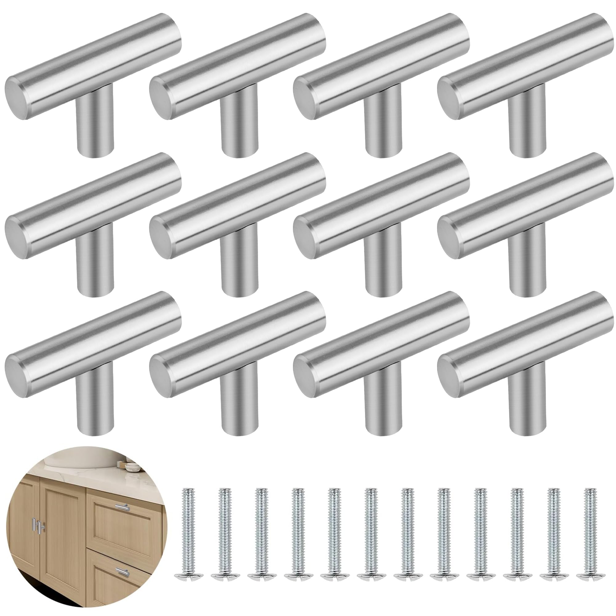YSDMY Kitchen Door Handles 12 Pcs Kitchen Cupboard Handles 50mm T Bar Handle Drawer Pulls Single Hole Drawer Knobs for Cupboard Wardrobe Furniture Hardware, Silver Cupboard Knobs — image 1