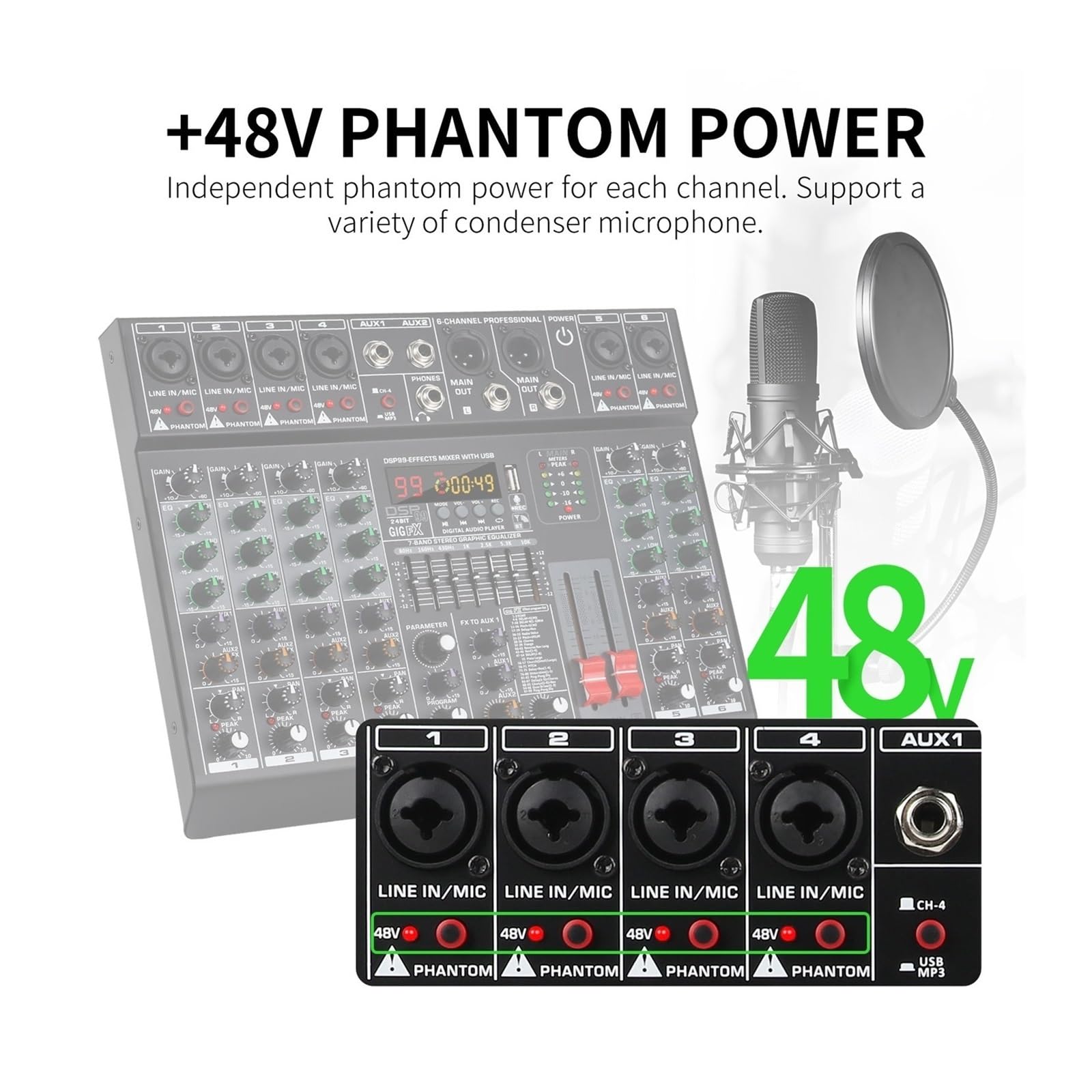 Mezclador de audio, Mezclador de audio profesional 6 canales con 99 efectos DSP, ecualizador 7 bandas, alimentación fantasma 48 V, interfaz USB for grabación