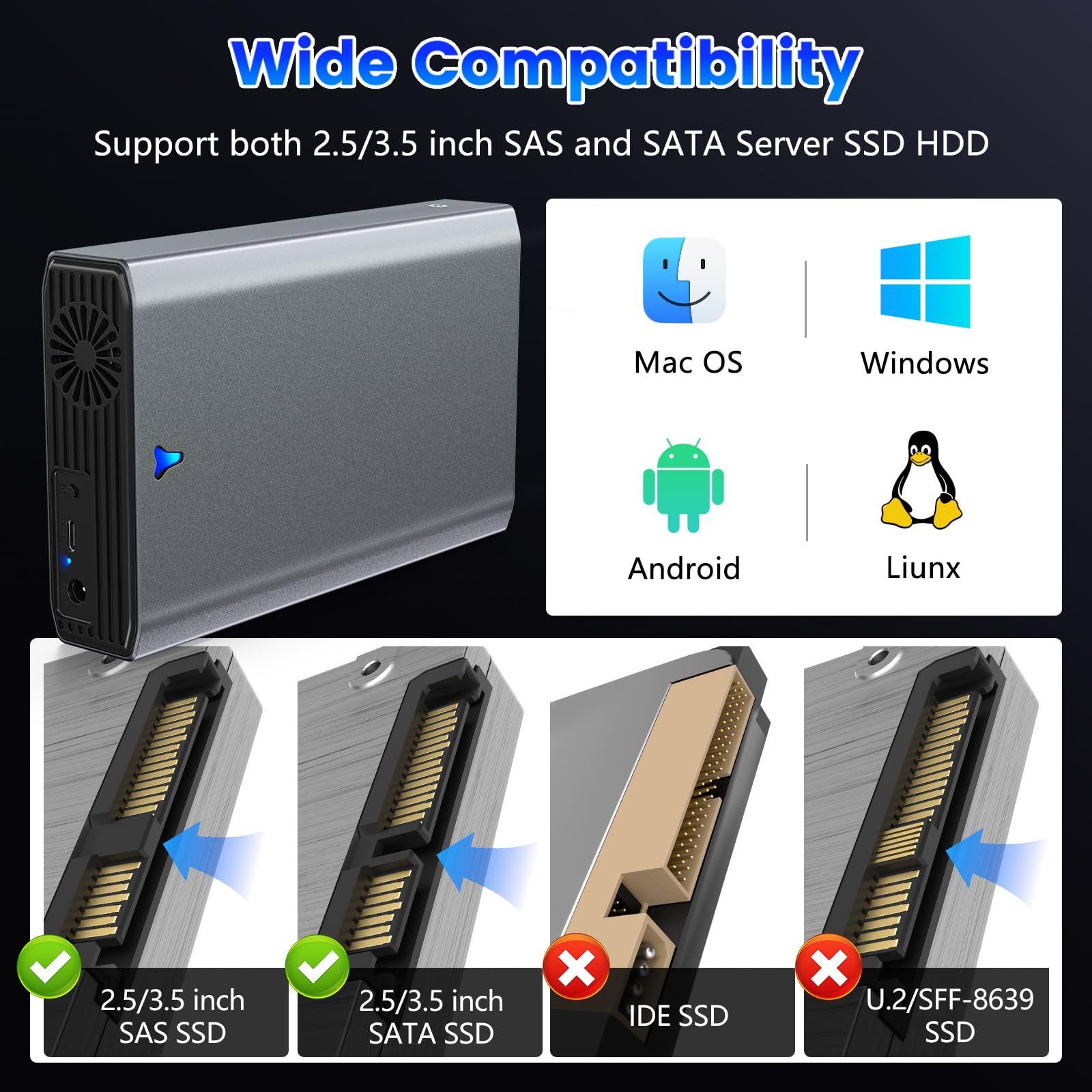 Adaptador SAS a USB 3.0, estación de acoplamiento de disco duro SAS para SSD HDD de 2.5/3.5 pulgadas, carcasa externa sin herramientas con adaptador de alimentación de 12 V/2 A y ventilador de