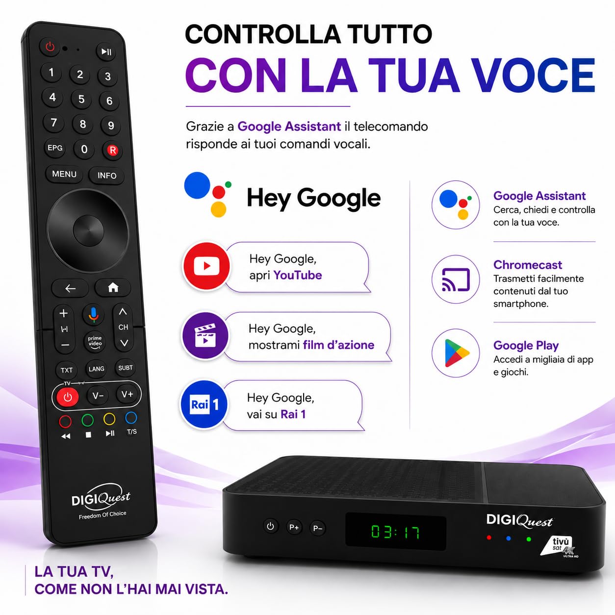 DIGIQUEST AX3_tivùsat universal con termómetro láser incluido | Combo 4K con triple sintonizador DVB-T2 HEVC Main10, DVB-S2 Powered by Android TV™ | Control por voz | Google Cast™ | Smartcard tivùsat