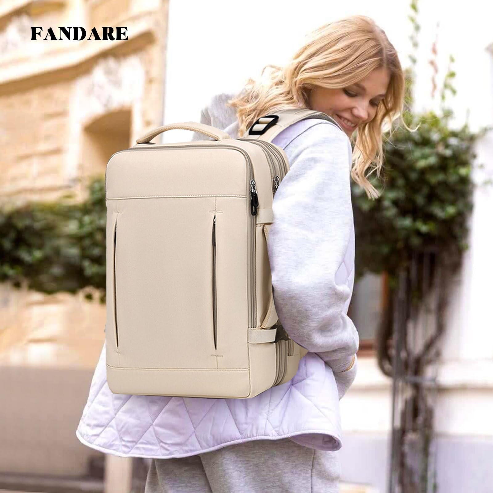 FANDARE Mochila Viaje Expandible 24-42L Equipaje de Mano Bolsa de Viaje para Mujer Hombre Laptop Bolso de Mano con USB Bolsa de Mano Mochila Viaje Cabina Avion Bolsos para Negocio Trabajo Blanco
