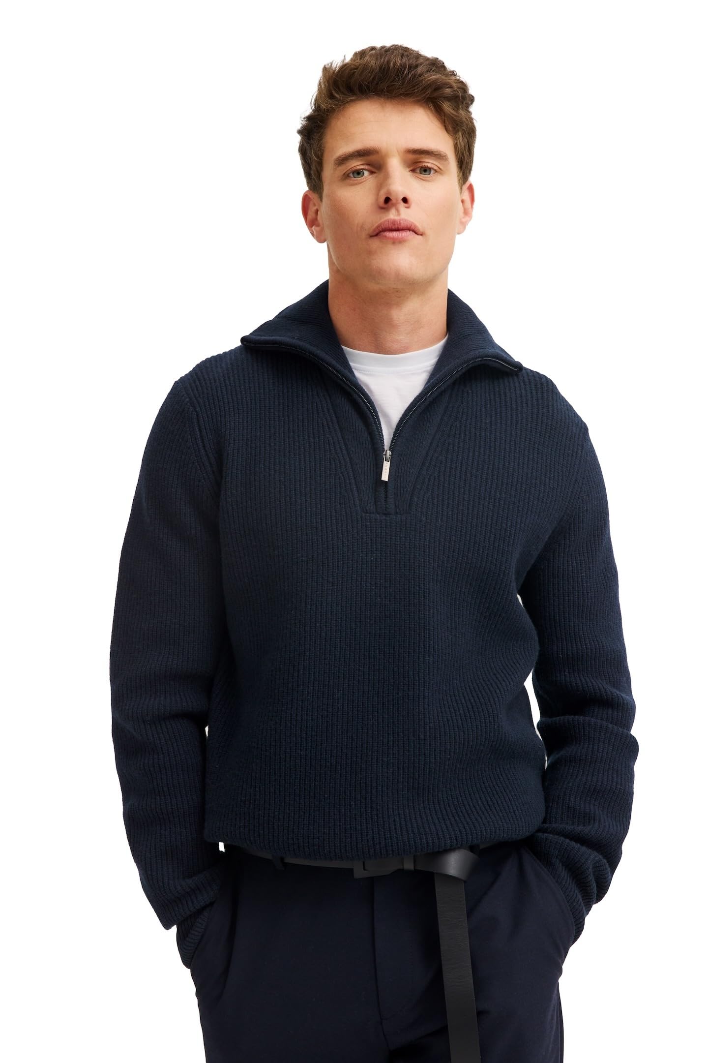 bugatti Herren Troyer 7500-85566D Regular Fit RIPP-Struktur hoher Stehkragen kurzer Reißverschluss warm elegant Casual