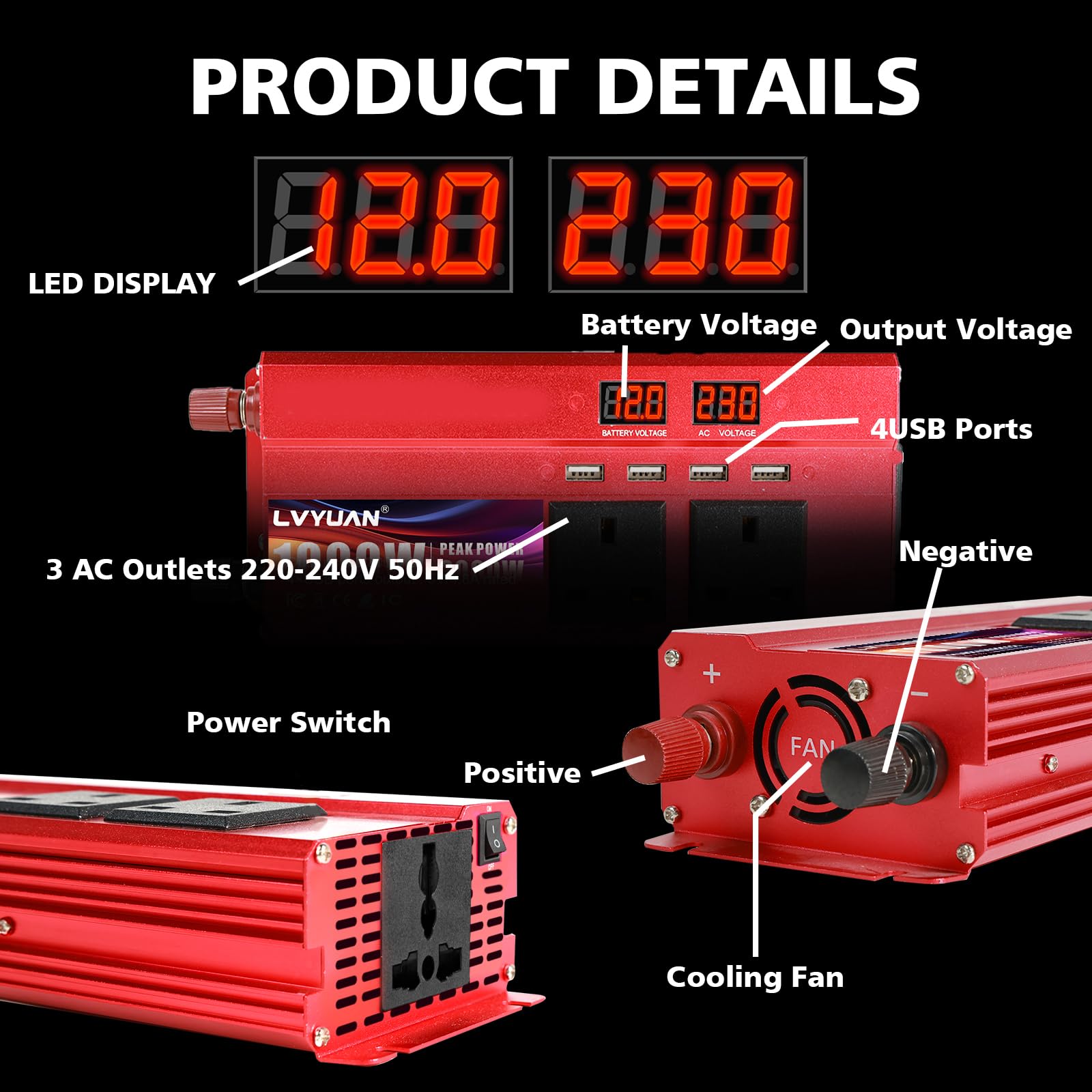 LVYUAN Inversor de 2000 W CC 12 V a 240 V CA, convertidor de coche de 1000