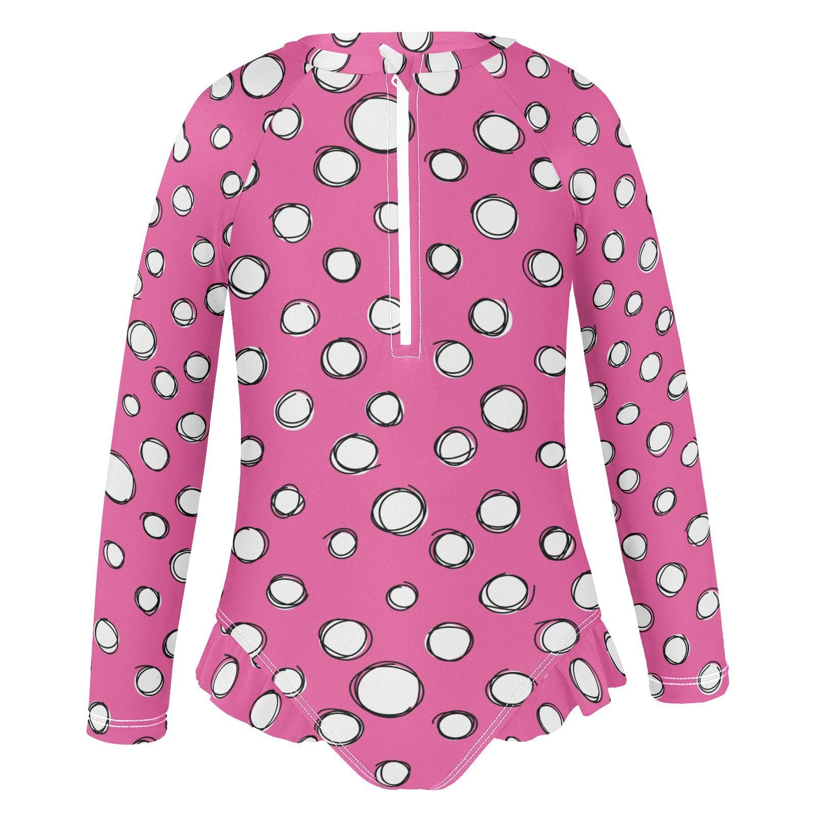 Ollabaky Baby Girls Long Sleeve Swimsuit White Pinks Polka Dot One Piece Bathing Suit Rash Guard UPF50+ Toddler Girl Swimwear, 7-8T