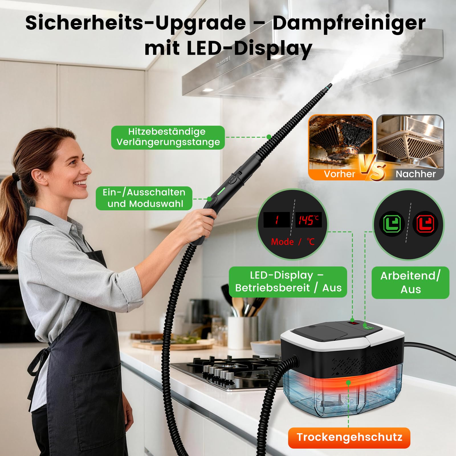 Granarbol 1800ml -2500W Dampfreiniger, 8s Heizung 275°F/145°C Entfernt Fett