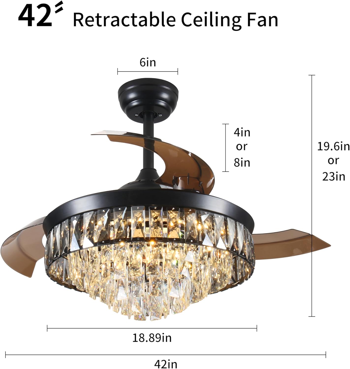 42" Chandelier Ceiling Fan Retractable Ceiling Fans with Lights and Remote Control 6 Speed 3 changable LED Light Crystal Black Ceiling Fan Modern Light for Bedroom Indoor Living Room