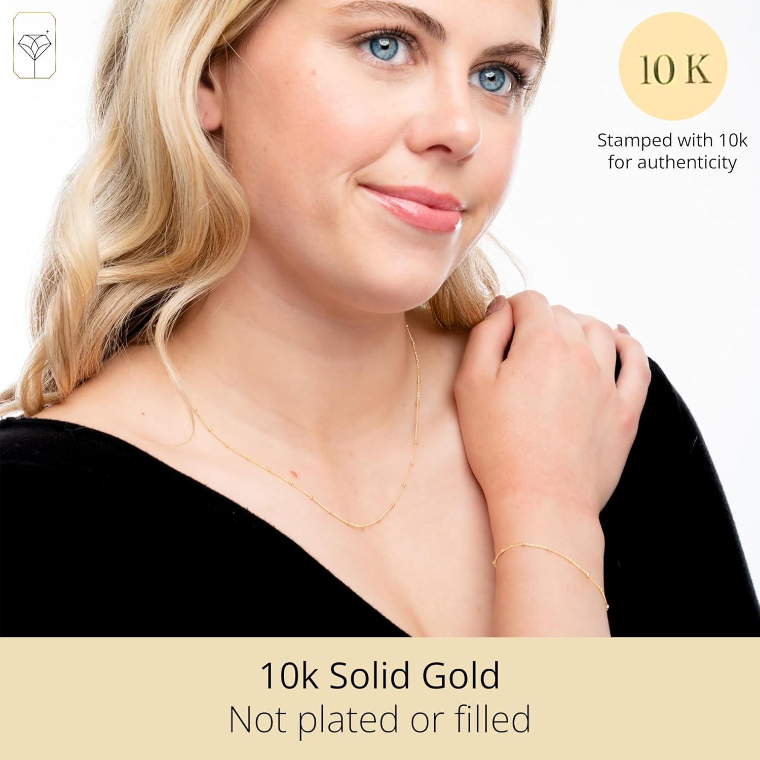 MAX + STONE 10K Real Yellow Gold Beaded Bracelet and Chain Necklace for Women with Sensitive Skin | Hypoallergenic Bracelet with Secure Clasp & Necklace | Adjustable Chains in 7.5"-9.5" and 16"-18"