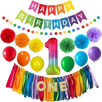 ANSOMO 1st Birthday Party Decorations Rainbow Baby High Chair Banner | One Year Old Balloons Boy Girls Kids Colorful Red Orange Yellow Green Blue Purple Decor Supplies
