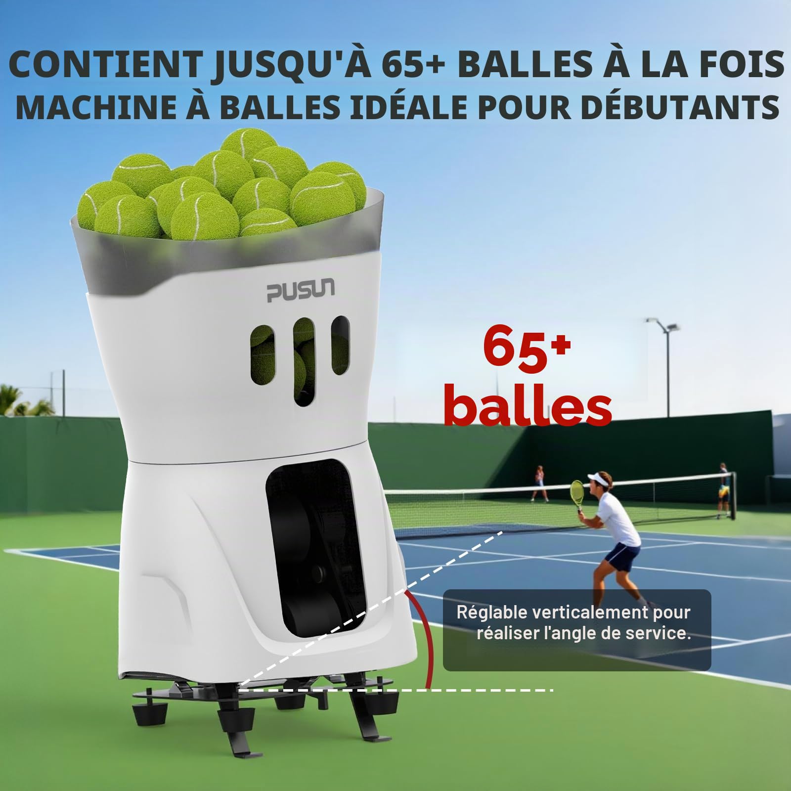 PUSUN PT-Mini Pro Machine à balles de tennis avec télécommande intelligente par application, vitesse/rotation/fréquence réglable pour débutants, capacité 65 + balles, autonomie de la batterie 3 à 5