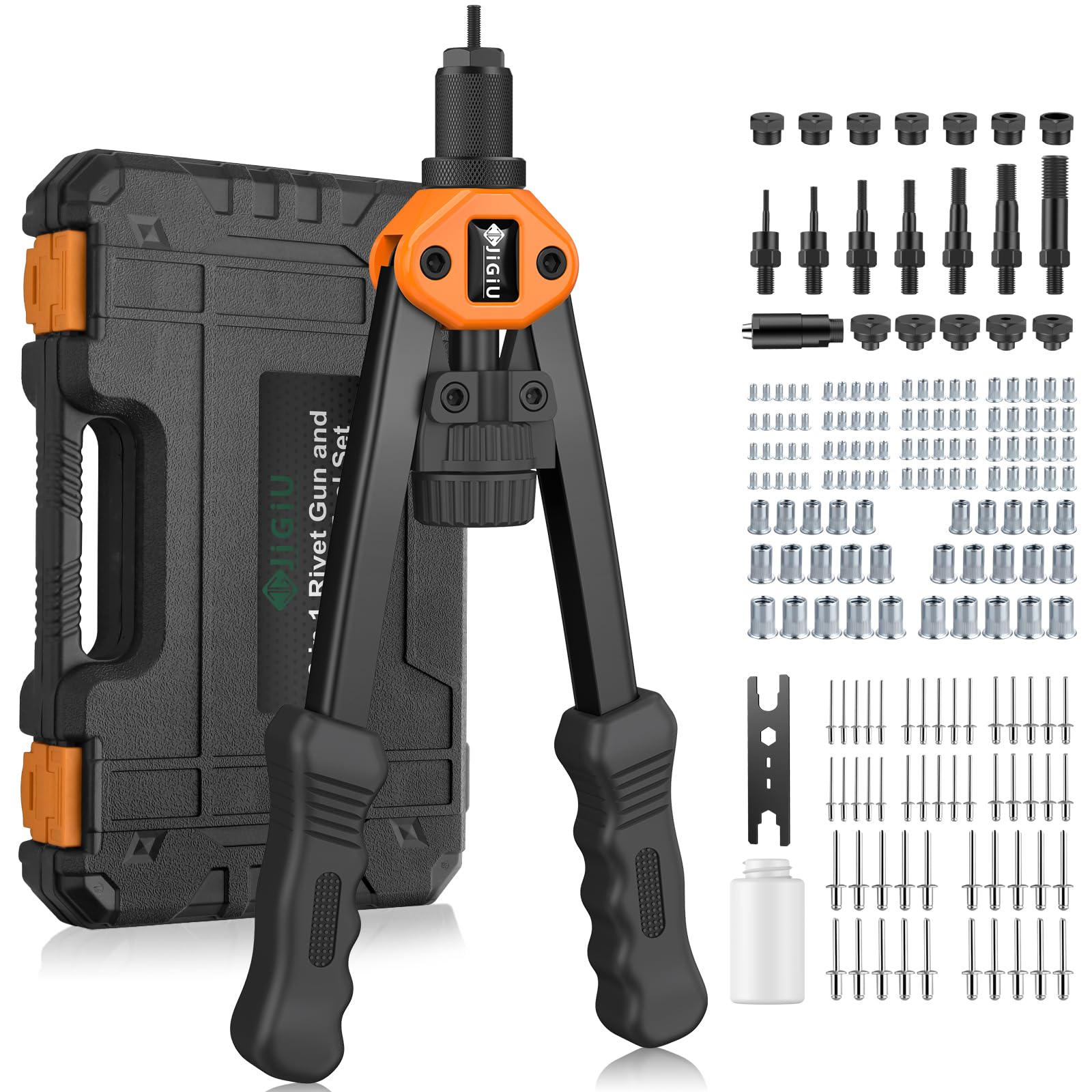 JiGiU Rivettatrice Professionale 2 in 1 per Inserti Filettati-7pz Mandrini Metrici 110 Dadi 5 Diverse Misure Doppio Manico di Rivettatrici-50 pz Rivetti per Lavori Edili-Nero Arancione