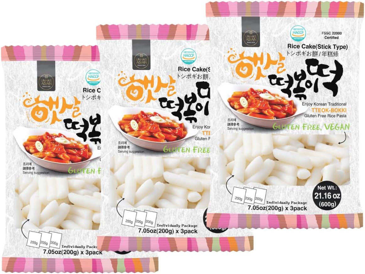 Korean Rice Cake Tteokbokki Stick – 3 Pack (3 Individual Package X 3 Pack) Vegan, Non-GMO, Gluten Free, Tteok Rice Cakes Food Pasta 21.16 oz Per Pack