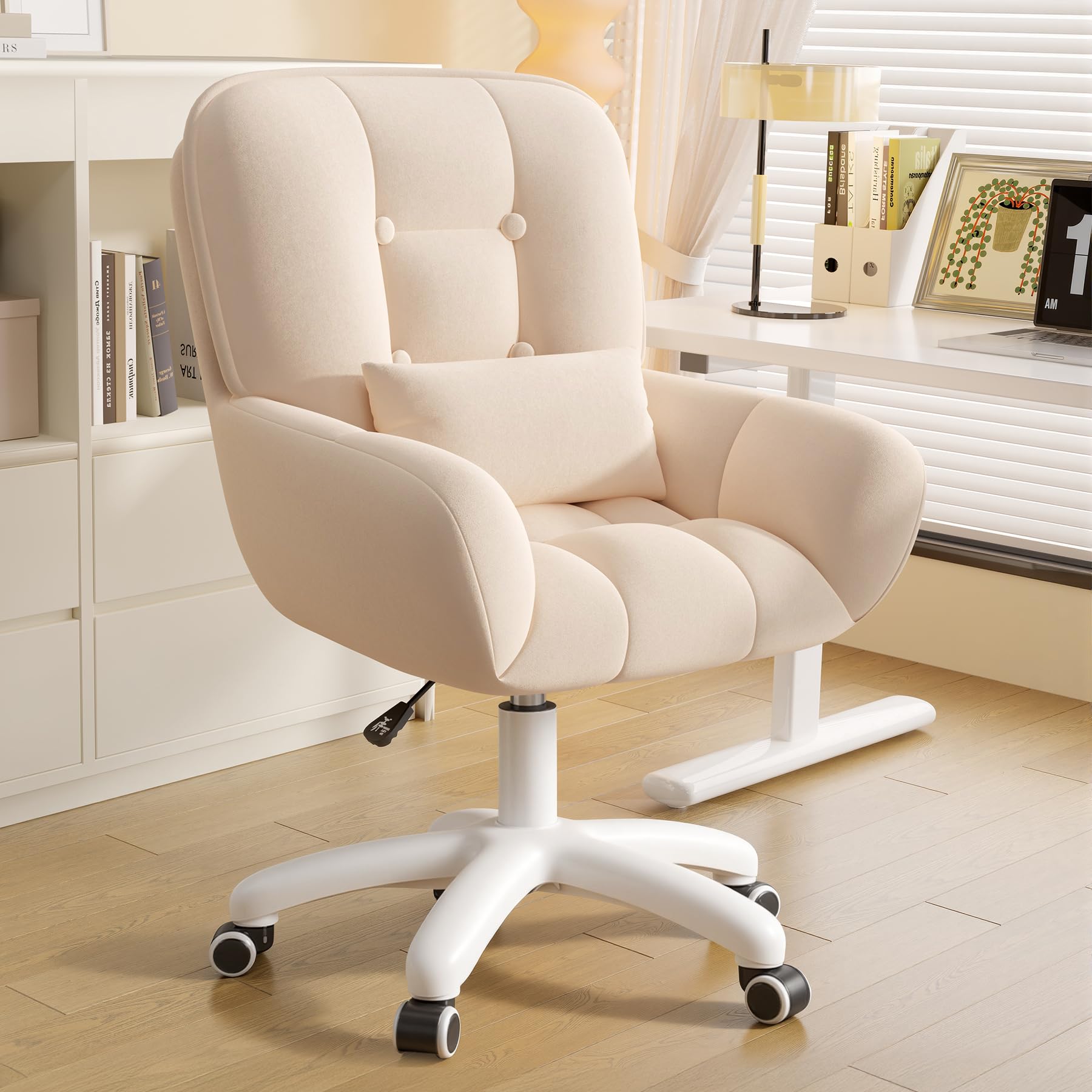 Bureau à Domicile et Chaise de Maquillage 2 en 1 Chaise pivotante Ergonomique en Velours 360° avec Coussin pour la tête, réglable en Hauteur pour Bureau ou Chambre à Coucher Beige