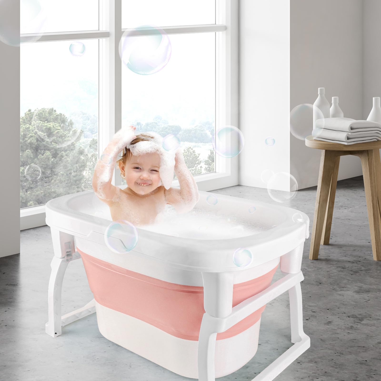 Bañera Plegable Para Bebé Con Taburete En Interior, Baño Bebé Apto Para Bebés De Todas Las Edades, Fácil De Bañar Y Sin Peligro Para Bebés