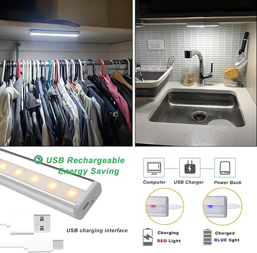 Miniatura 7 de LDOPTO Luces para debajo del gabinete, luces USB recargables a pilas con control remoto, luces LED regulables, luces inalámbricas debajo del