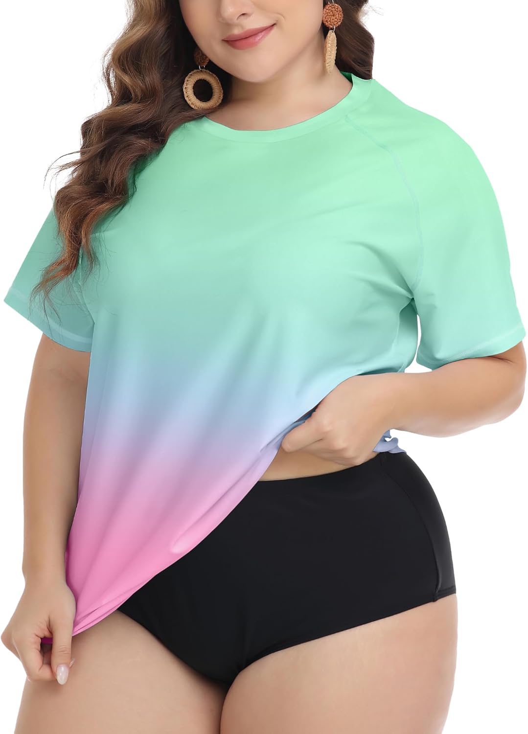 FOREYOND Plus Size Rash Guard Shirts for Women Short Sleeve UPF 50+ Sun Protection Swimwear Swim Suits Top