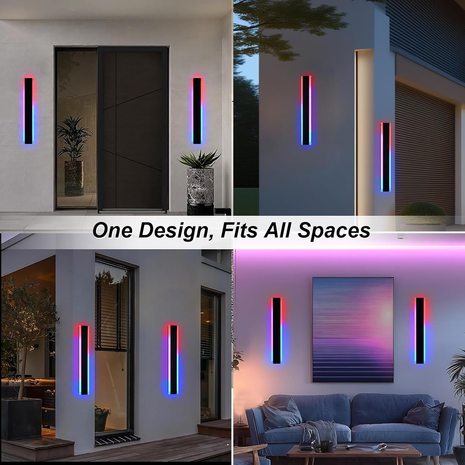 Yaohong 2 Pack Outdoor Long Wall Light for Porch, 24 inch Modern RGB Exterior Linear Light Fixture, Dimmable Long Wall Sconce with Remote, IP65 Waterproof Lights Wall Mount for Patio,Garage