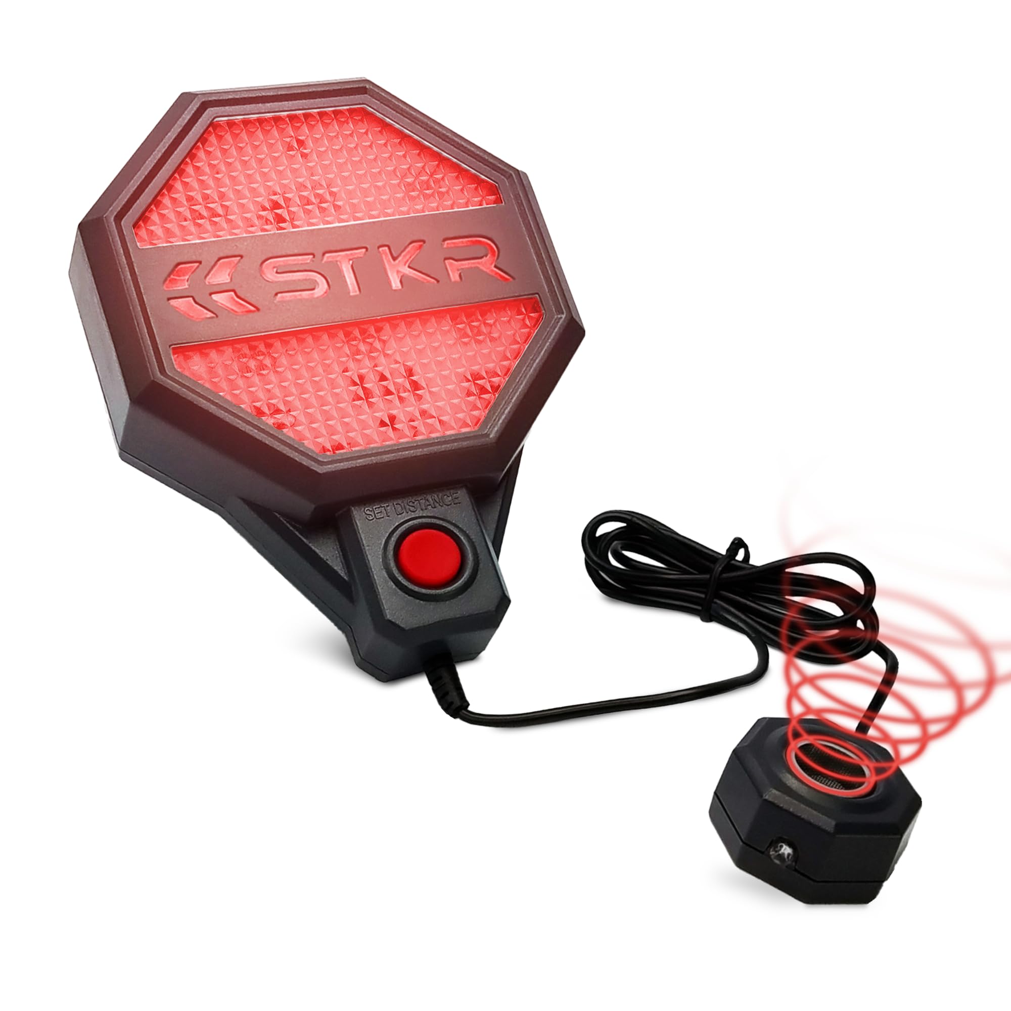 STKR Garage Parking Sensor – Adjustable Ultrasonic Car Stop Assistant with Red/Yellow/Green LED Display – Set Stop Distance 6"–6 ft – Battery or USB Powered – Easy Wall-Mount Install – Dark Grey