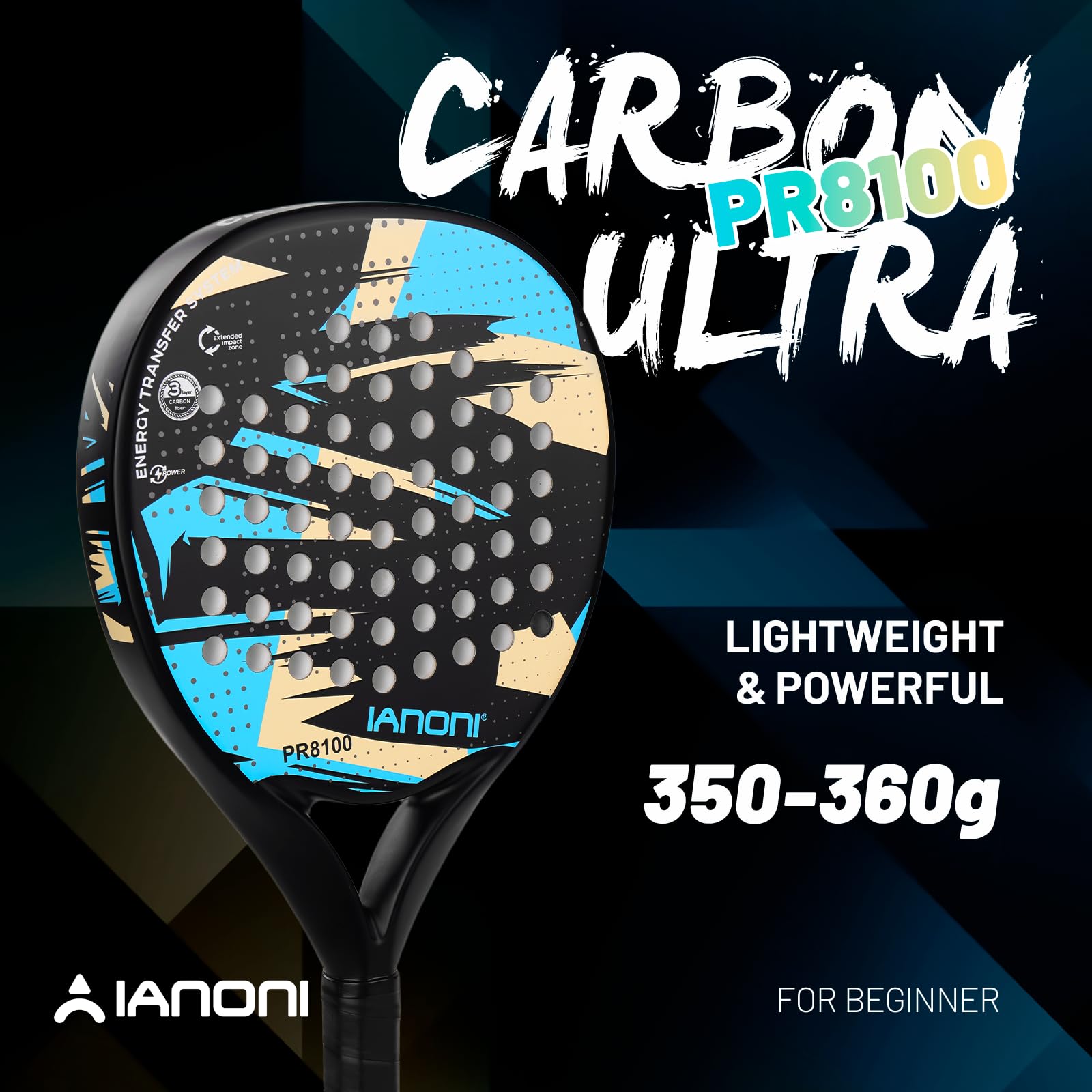 ianoni Racchetta da padel con superficie in fibra di carbonio con nucleo in schiuma EVA Memory Flex Core POP Padel Racquts-8100-azzurro cielo