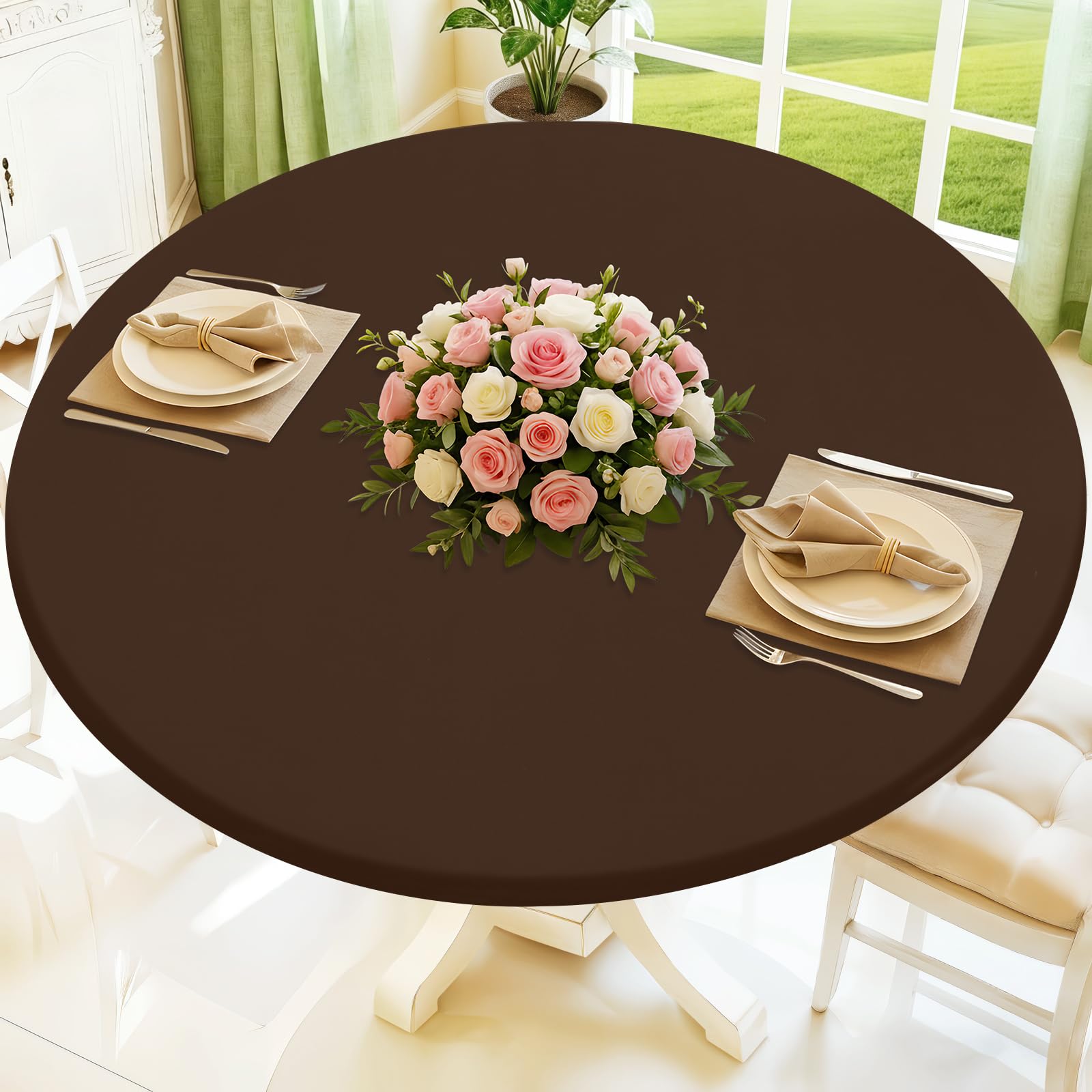 Photo 1 of Moosfor Round Spandex Tablecloth, Elastic Fitted Waterproof Tablecloths for 25"-30" Tables, Stretch Washable Picnic Table Cover for Camping, Dining, Indoor and Outdoor, Coffee